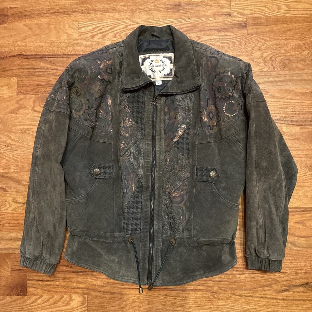 VTG Women’s 90’s Paris Sports Club Green Print Leather Bomber Jacket Size Medium